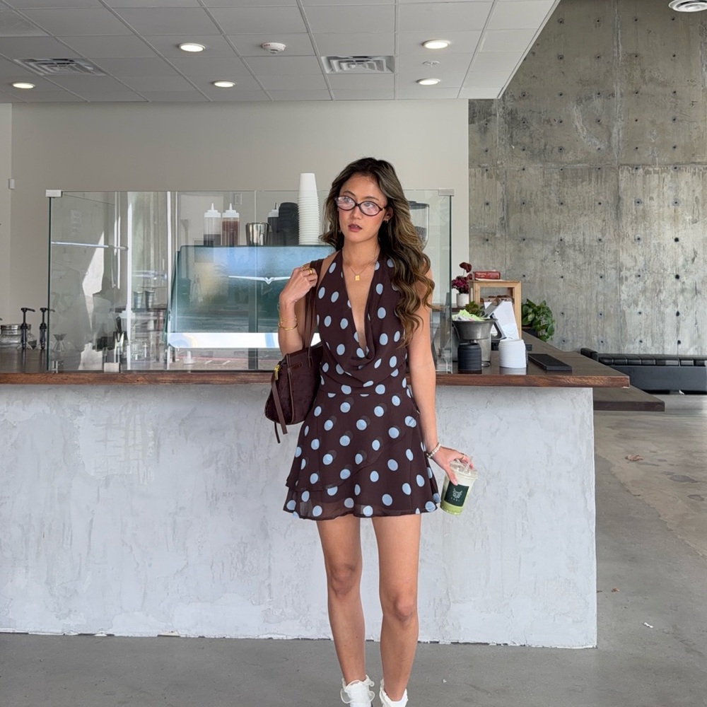 Elegant Black and Blue Polka Dot Mini Dress